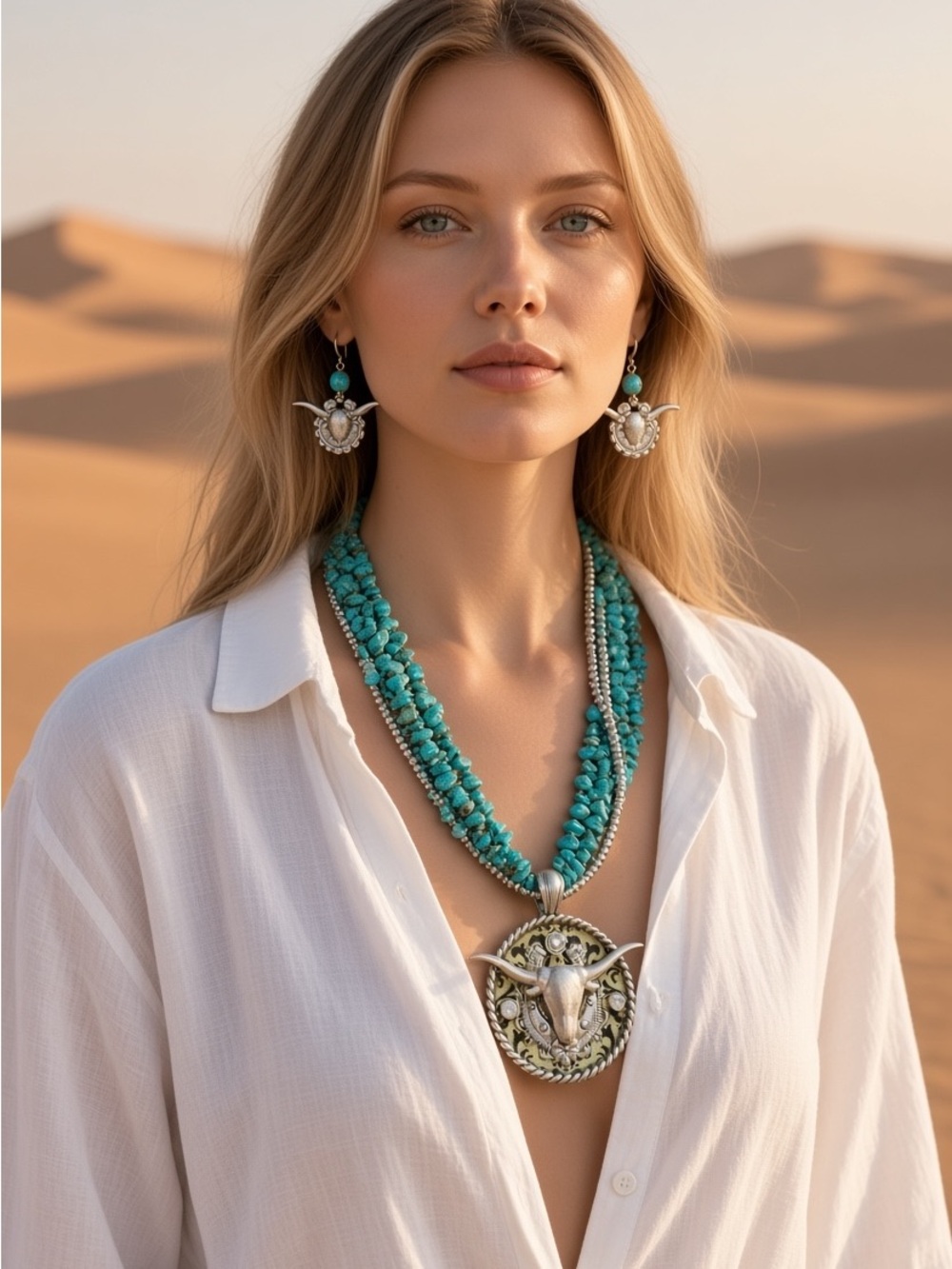 Western Longhorn Statement Necklace & Earring Set, Turquoise-Tone